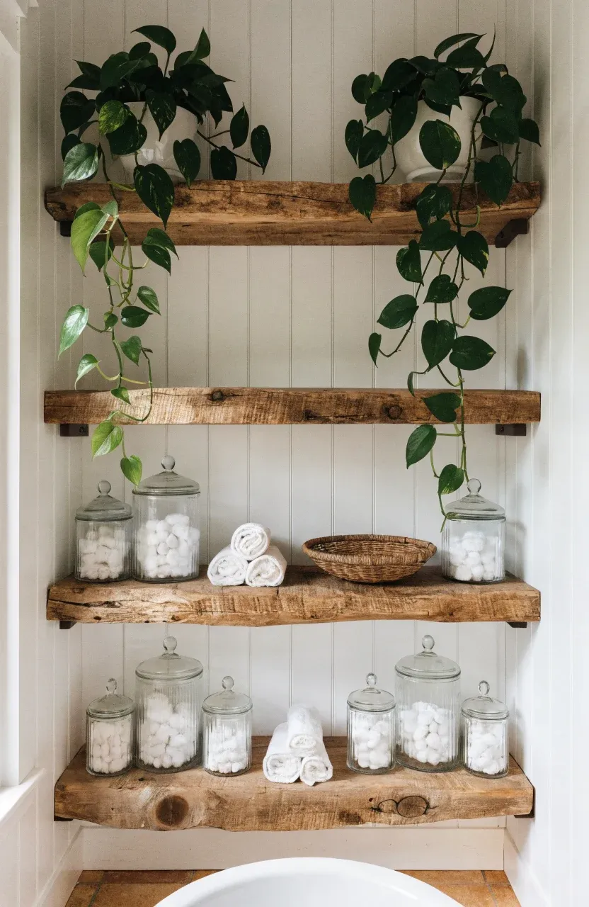 Rustic reclaimed wood shelves with trailing green plants on a white shiplap bathroom wall.