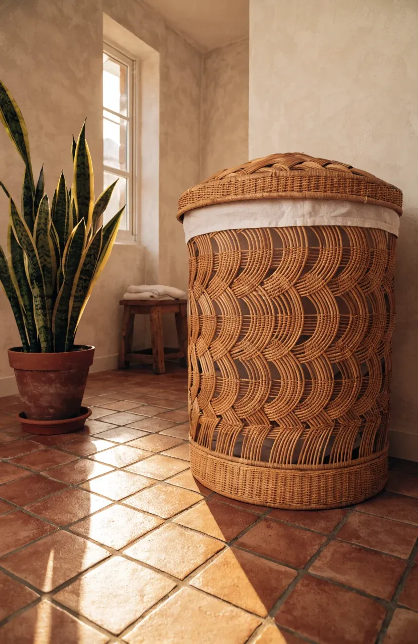 A large hand-woven rattan laundry hamper in a warm boho bathroom with terracotta tiles.