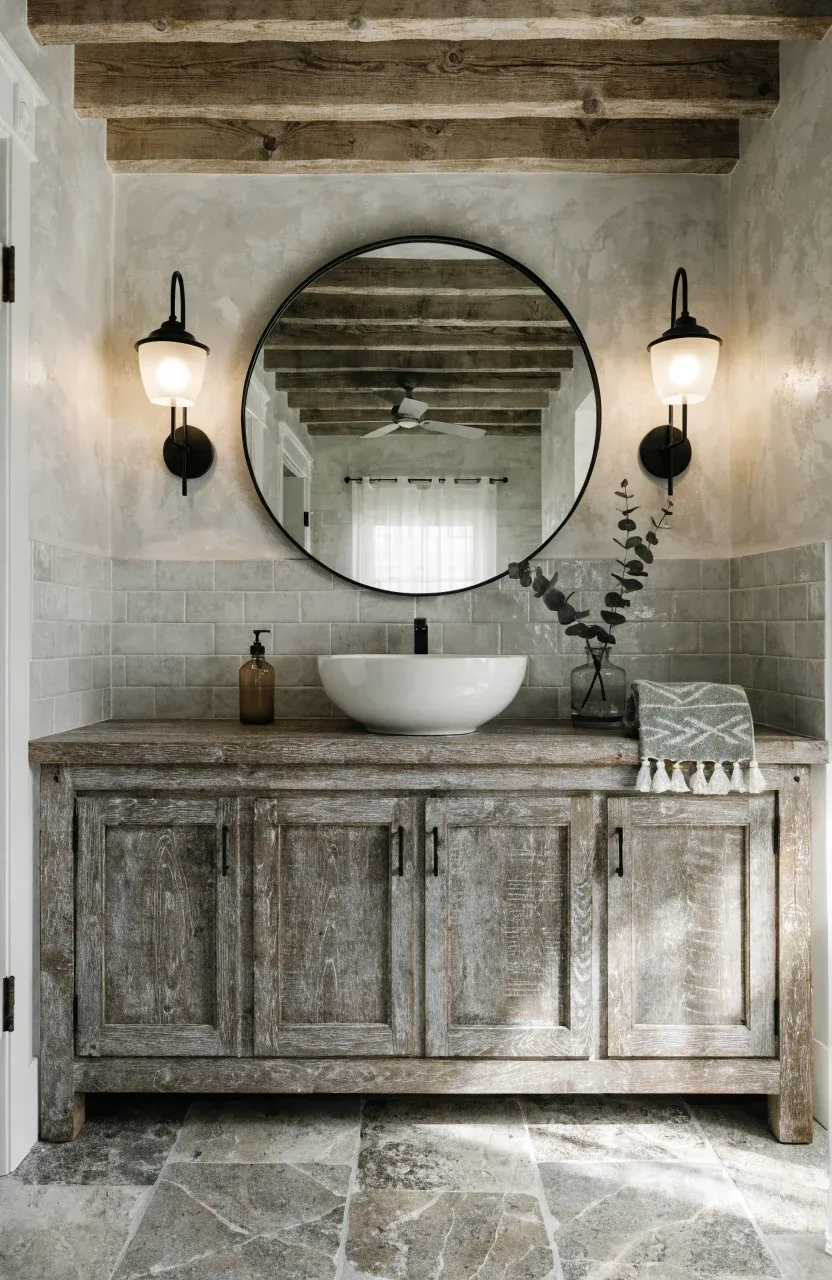 A weathered wood bathroom vanity with a white vessel sink and a round black mirror.