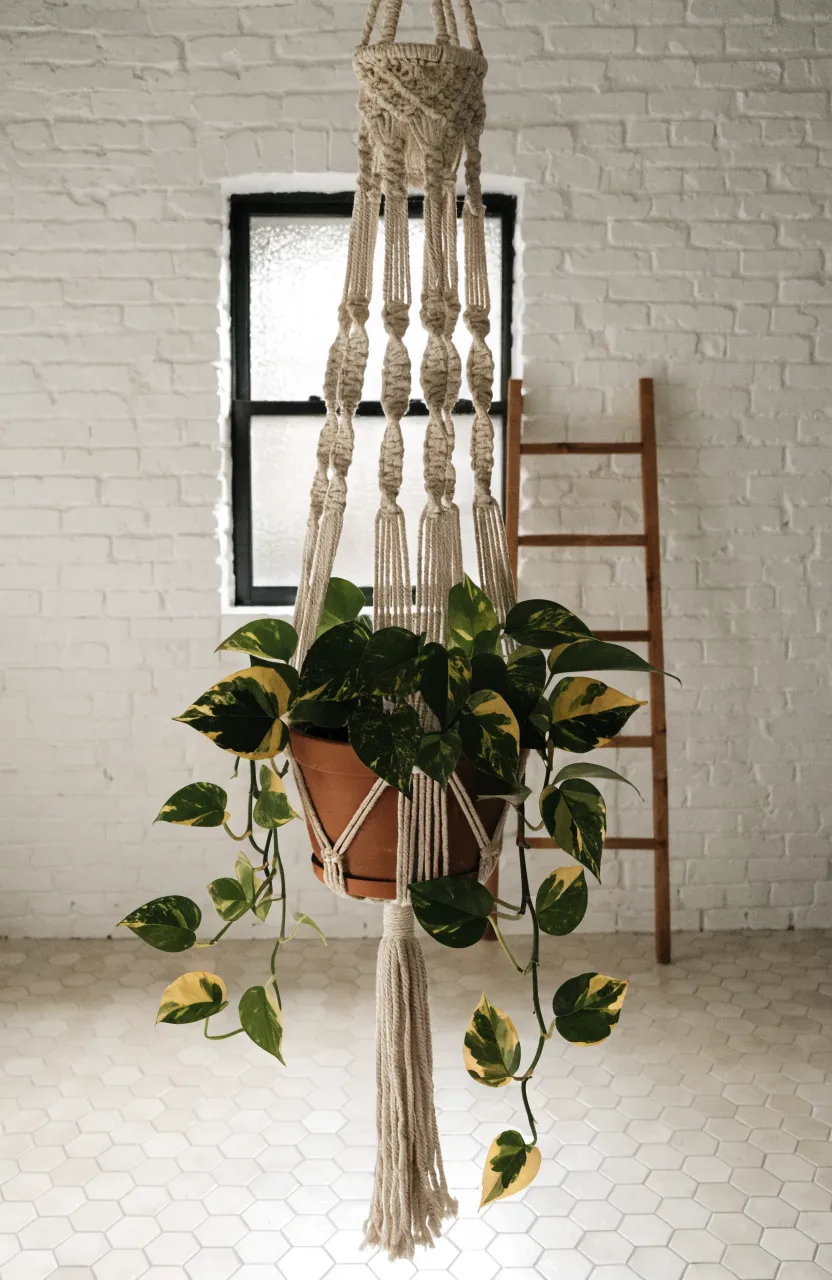A cream macramé plant hanger with a trailing Pothos plant in an airy boho bathroom.