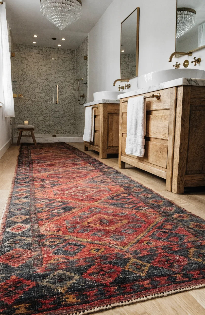A colorful vintage Turkish runner rug on a light wood floor in a spacious boho bathroom.