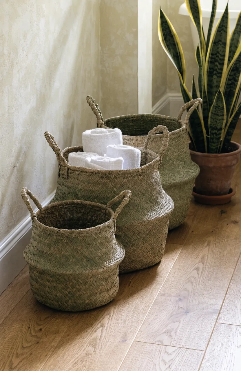 Three woven seagrass baskets of different sizes holding white towels in a rustic bathroom corner.