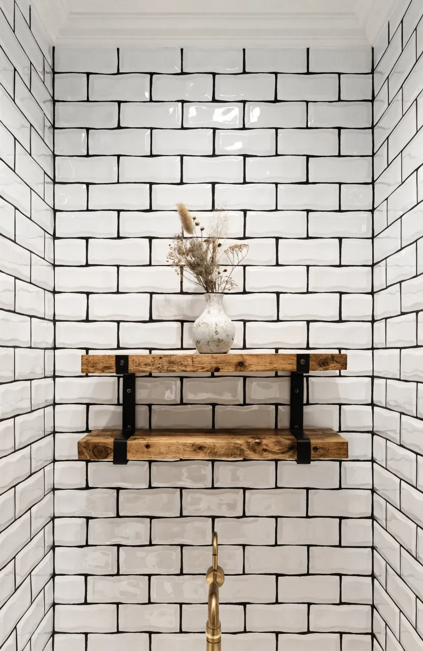 White handmade subway tiles with dark grey grout on a bathroom wall with wooden floating shelves.