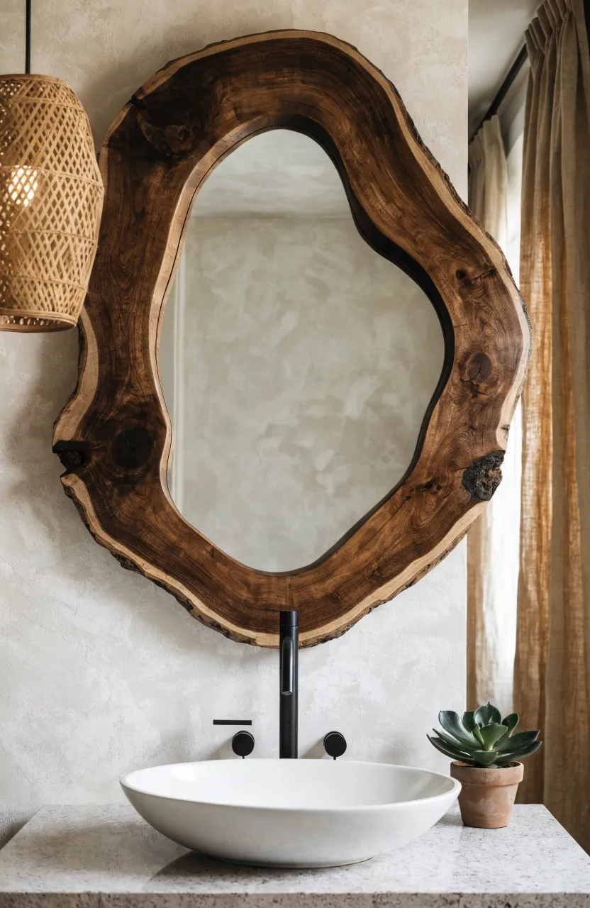 A bathroom mirror with a thick, natural live-edge wood frame hanging above a white vessel sink.