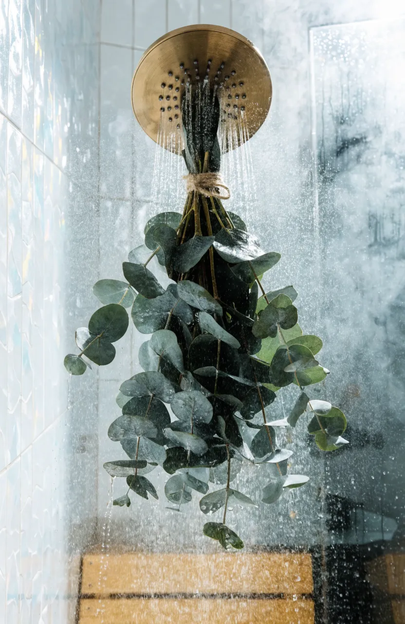 A bunch of fresh eucalyptus tied with twine to a brass shower head against white tiled walls.