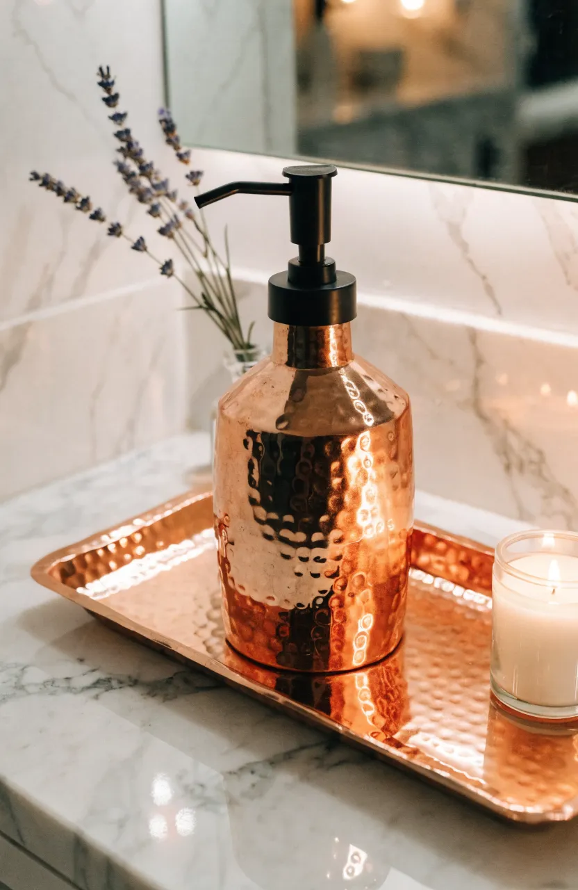 A hammered copper soap dispenser and matching tray on a white marble bathroom countertop.