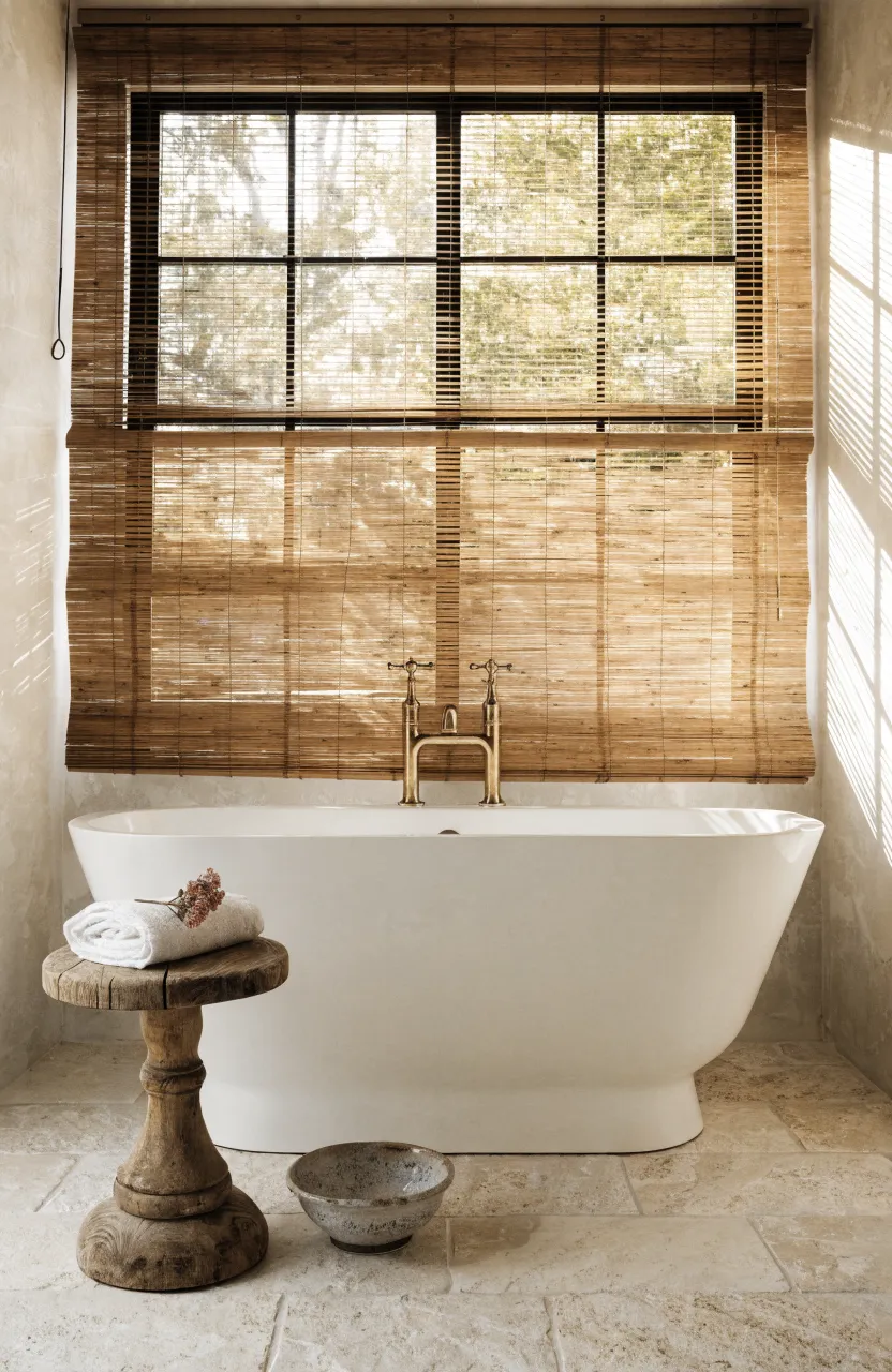 A rustic boho bathroom with bamboo blinds filtering sunlight over a white freestanding tub.