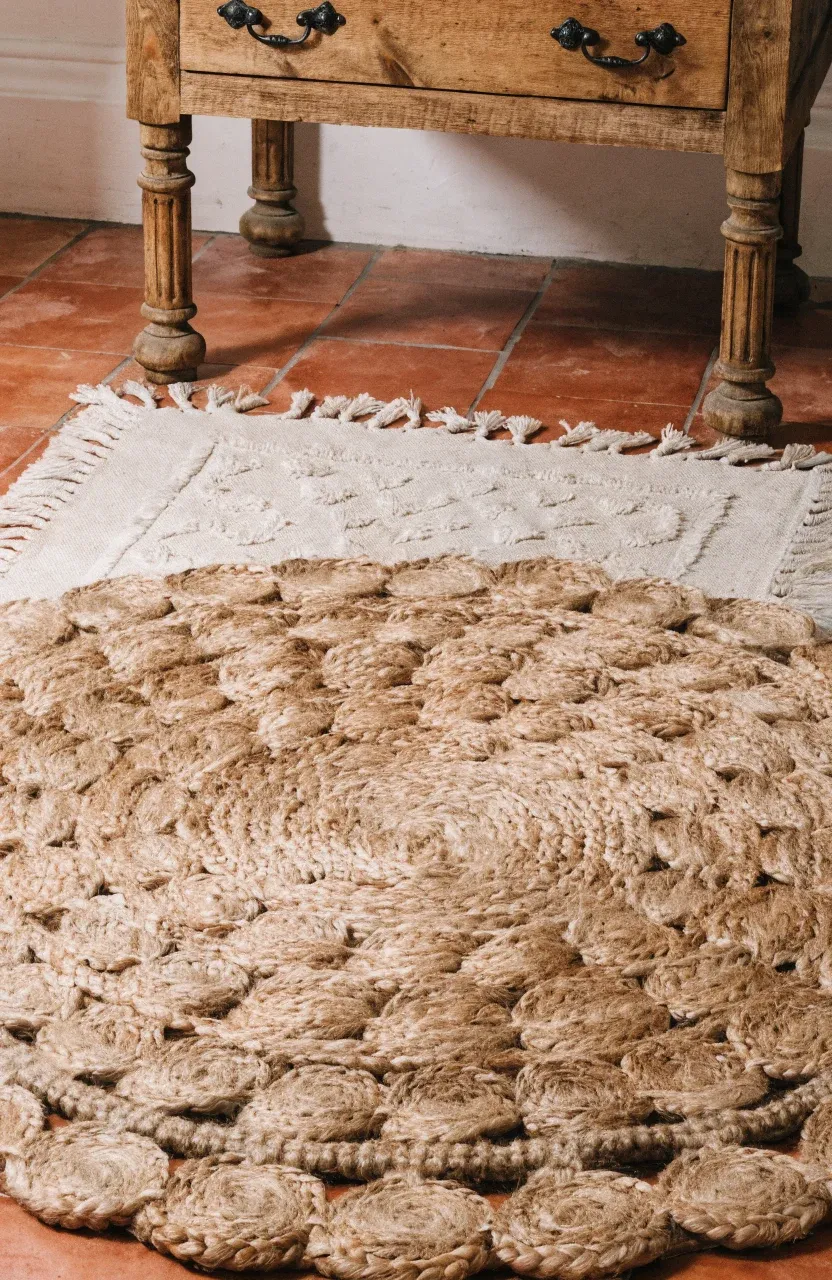 A woven jute bath mat layered with a soft cotton rug on a terracotta bathroom floor.