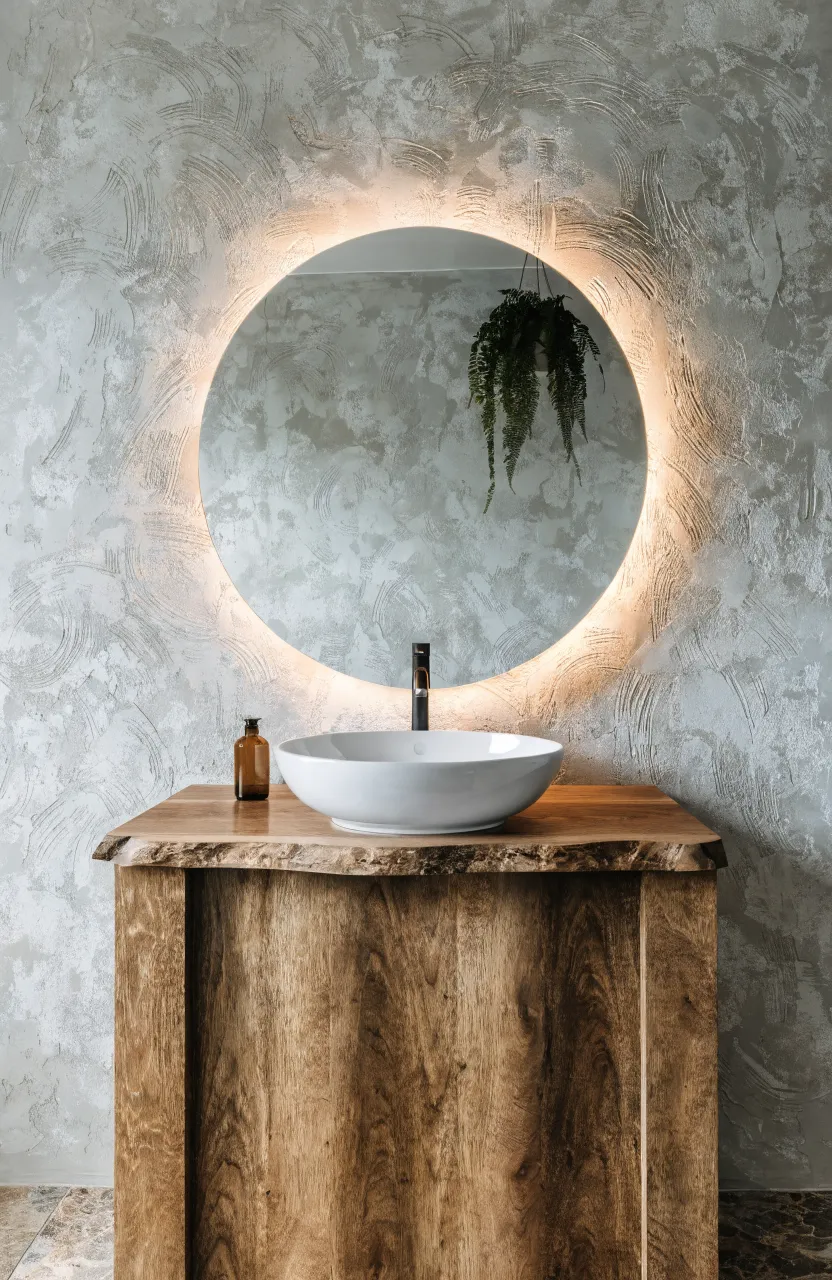A large round frameless mirror with warm backlighting mounted above a rustic wooden vanity.