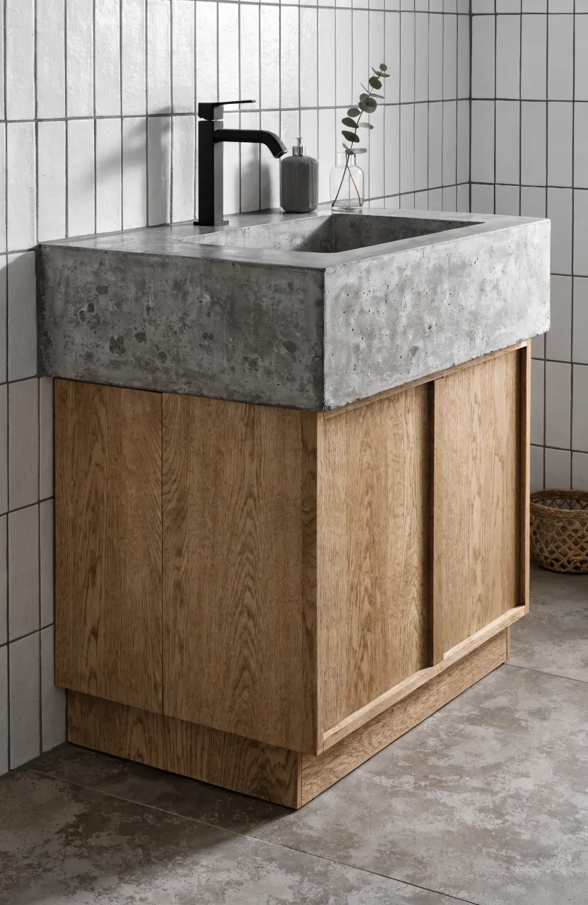 A thick grey concrete countertop on a light wood vanity in a modern rustic bathroom.