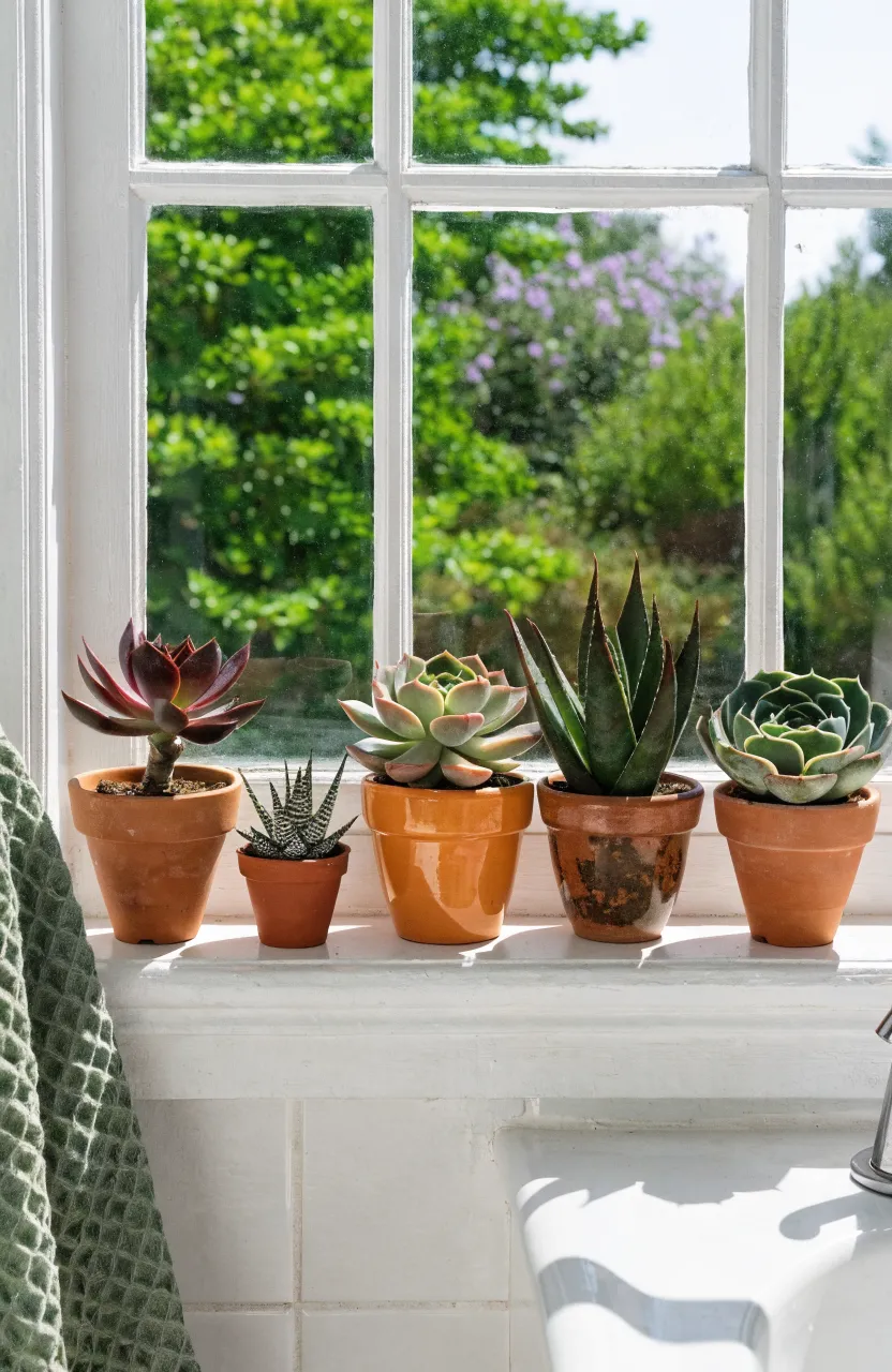 Small potted succulents in terracotta pots arranged on a bright white bathroom windowsill.