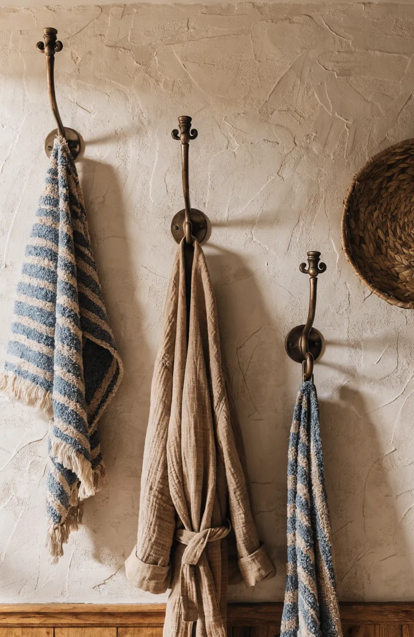 Aged bronze robe hooks at staggered heights on a textured bathroom wall with hanging linen robes.
