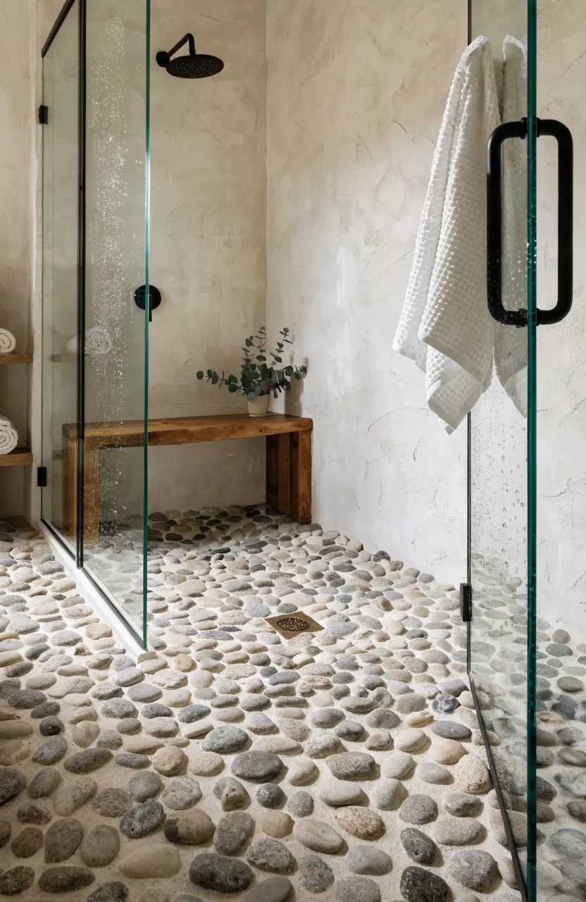 A walk-in shower with a natural pebble stone floor, glass doors, and a teak bench.