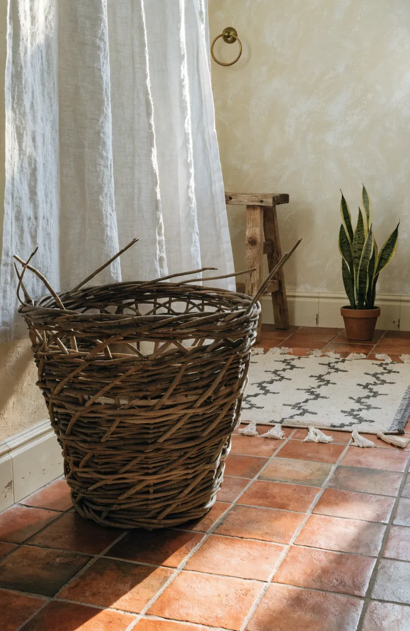 A woven willow waste basket on a terracotta tile floor in a rustic bohemian bathroom.