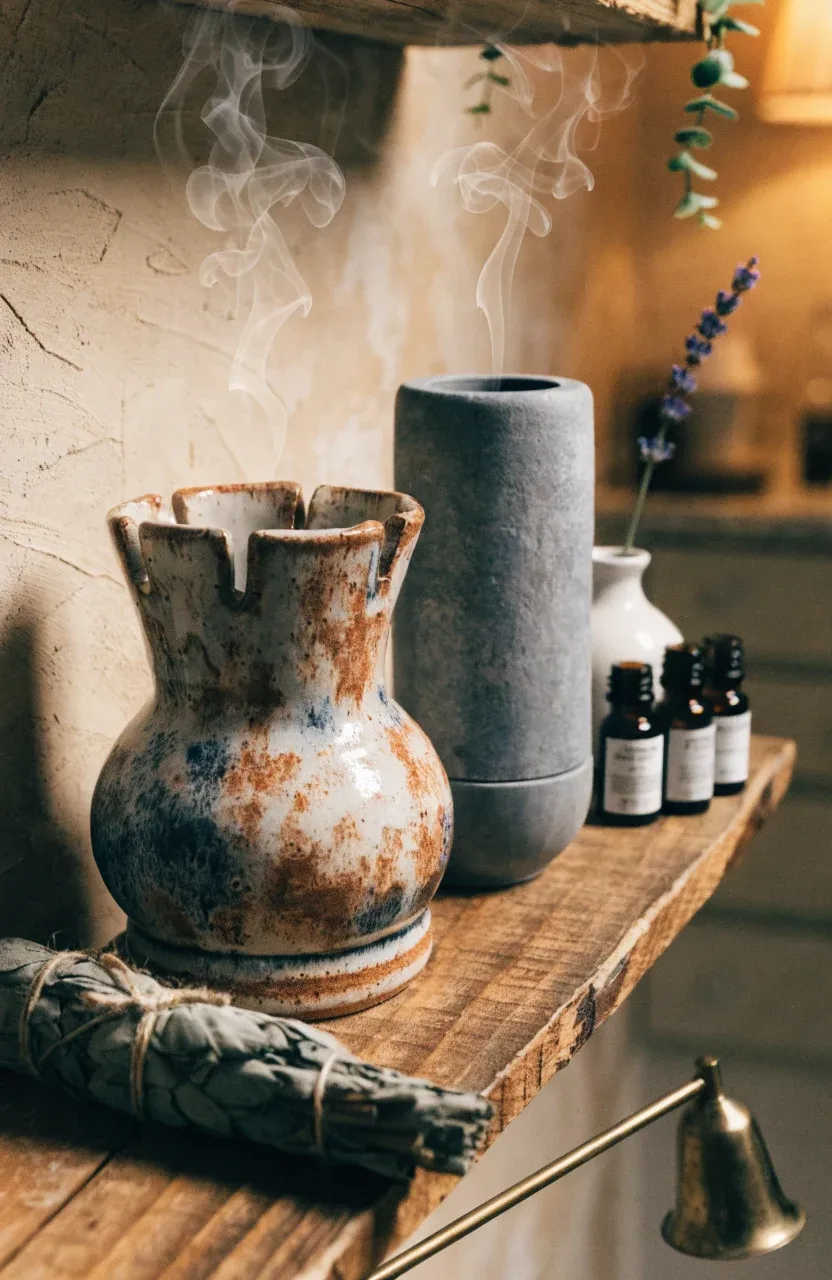 A ceramic incense burner and stone diffuser on a reclaimed wood shelf in a relaxing bathroom.