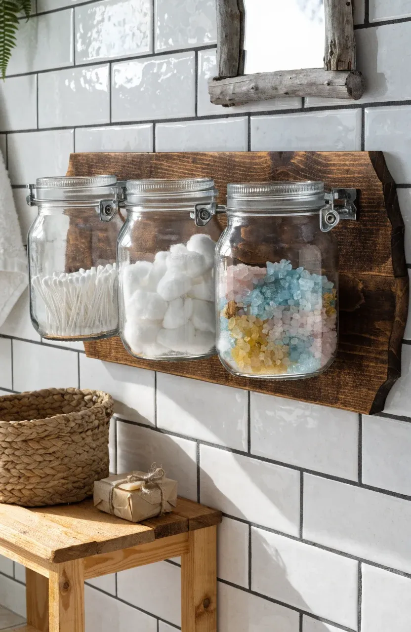 Mason jars mounted on a wooden board holding cotton swabs and bath salts in a boho bathroom.