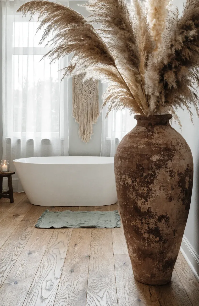 Tall dried pampas grass in a terracotta vase next to a white bathtub in a boho bathroom.