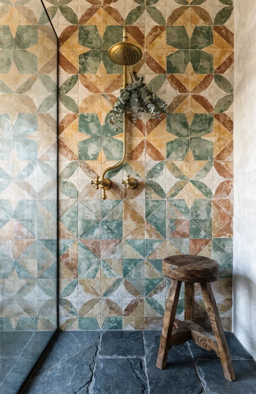 A bathroom wall featuring geometric cement tiles in ochre and sage with brass shower fixtures.