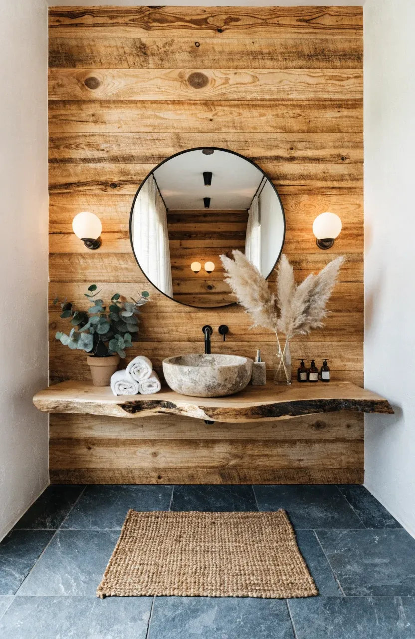 A rustic boho bathroom featuring a horizontal cedar plank accent wall behind a wood vanity.