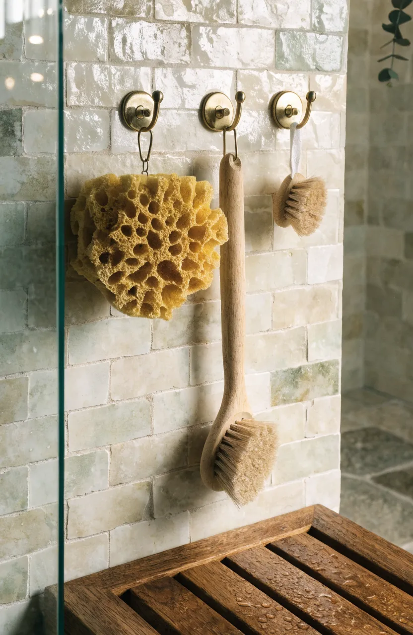 Natural sea sponges and wooden body brushes hanging on brass hooks against a tiled bathroom wall.