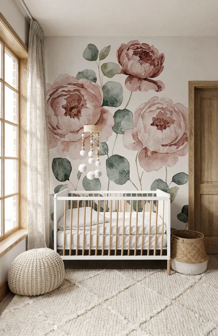 A calm nursery with large muted floral wall decals behind a modern white and wood crib.