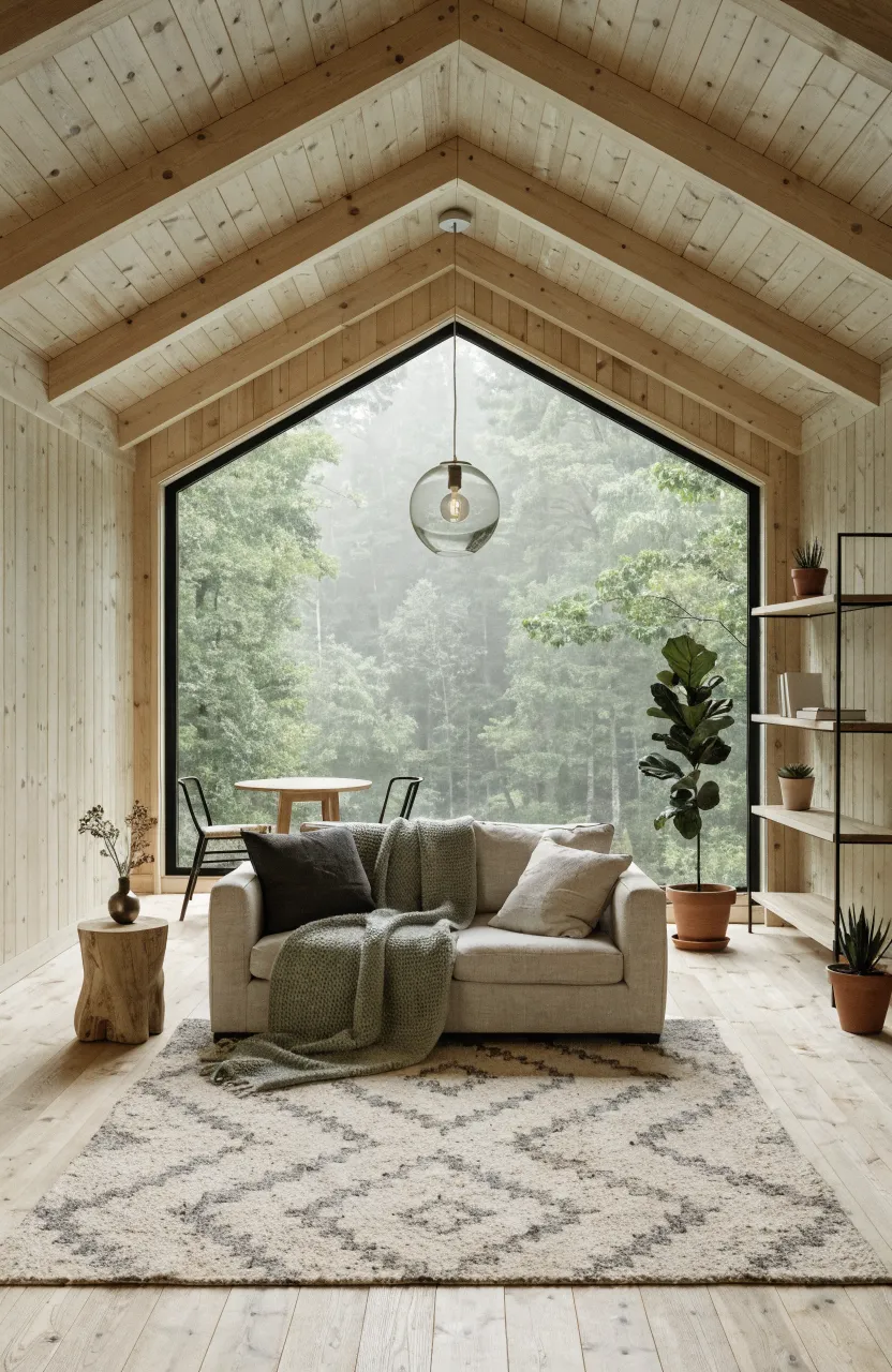 A wide view of a small cabin interior with a sofa, rug, and open shelving defining zones.