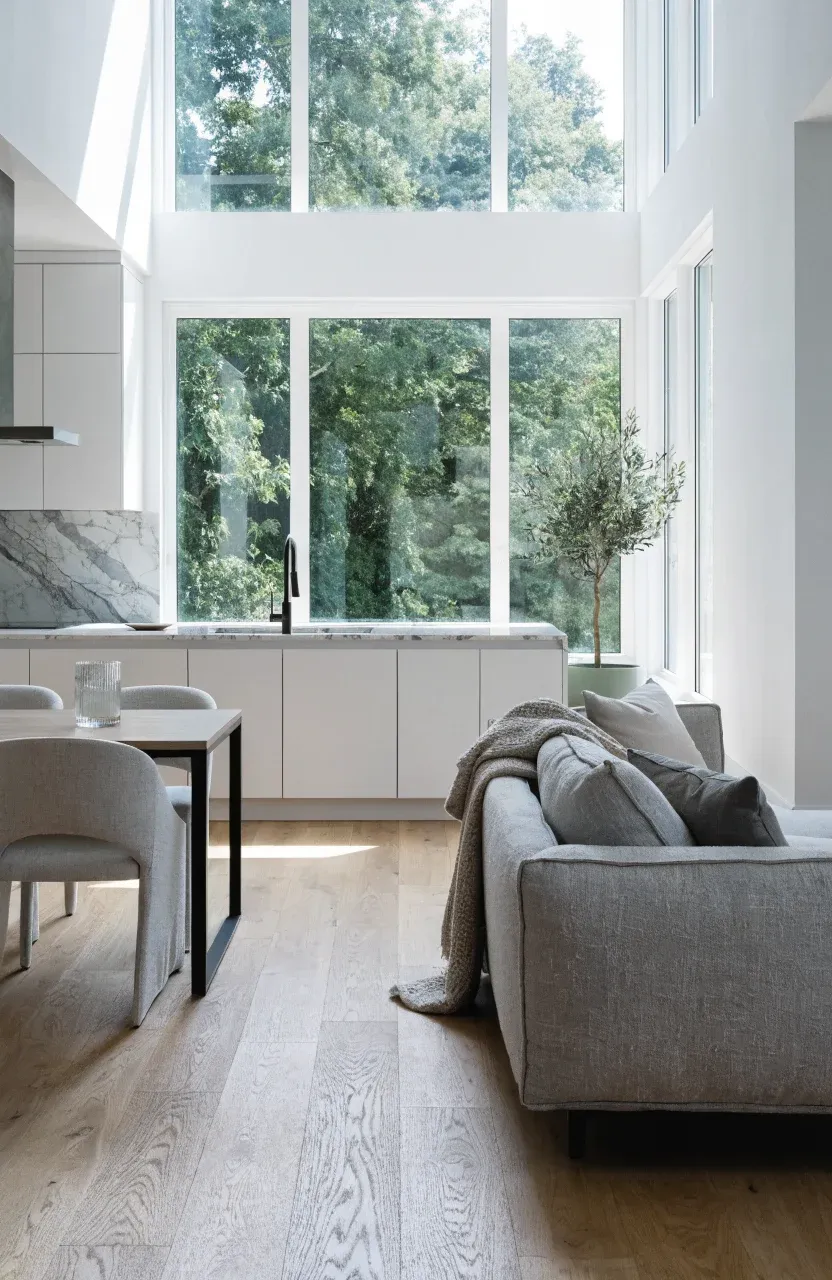 A bright open-concept small home interior showing a living room, dining area, and kitchen.