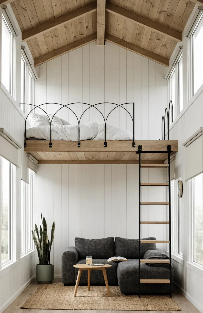 A bright small home interior featuring a wooden sleeping loft above a modern living area.