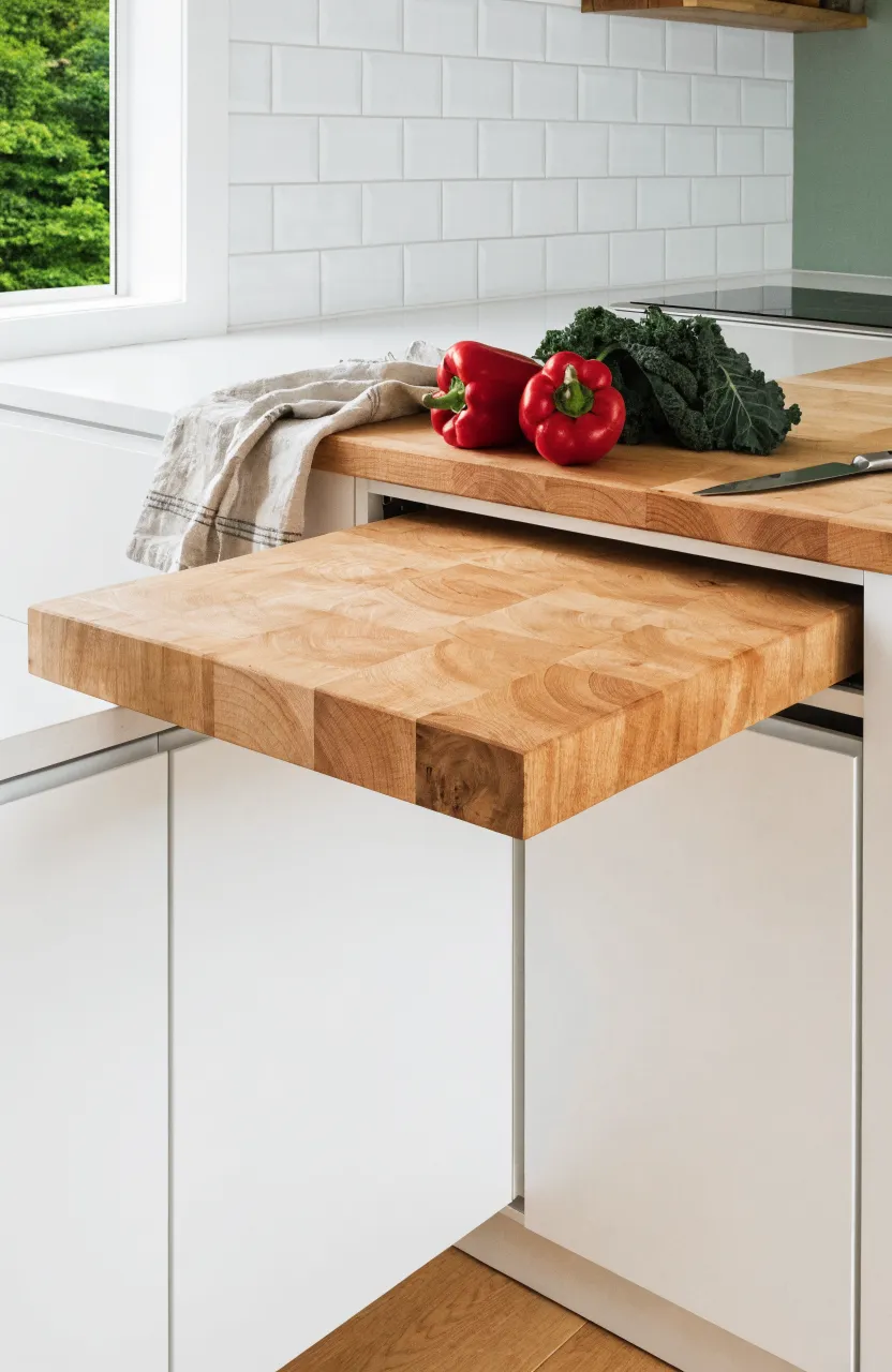 A pull-out wooden butcher block extending from white cabinets in a tiny house kitchen.