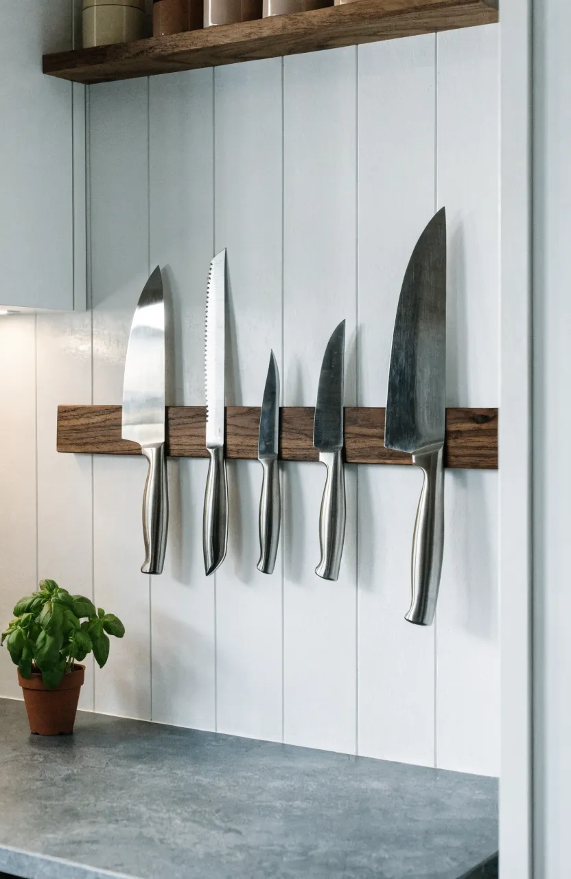 A walnut magnetic knife strip holding several steel knives on a white shiplap kitchen wall.