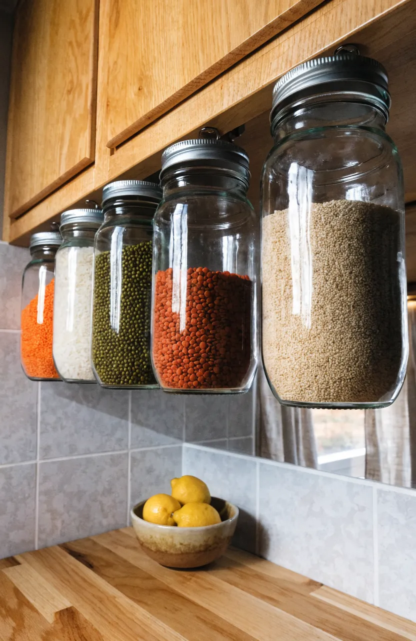 Glass jars filled with colorful grains hanging from the underside of wooden kitchen cabinets.