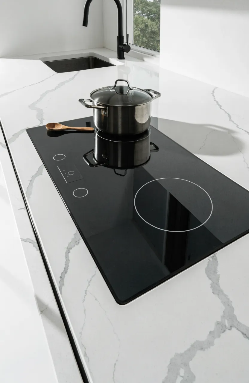 A sleek black two-burner induction cooktop built into a white quartz countertop.