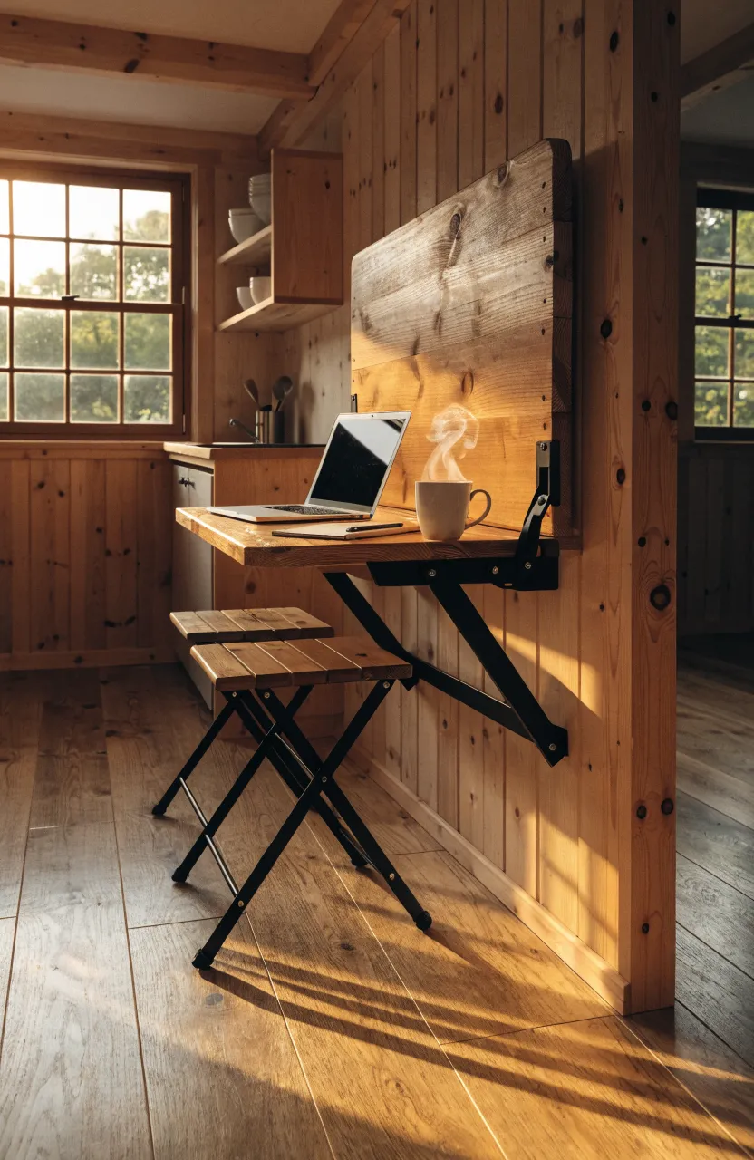 A folding wooden table mounted to a tiny house wall, set up with a laptop and coffee mug.