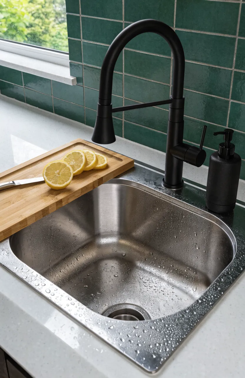 A deep stainless steel sink with a bamboo cutting board fitted over the top to create extra counter space.