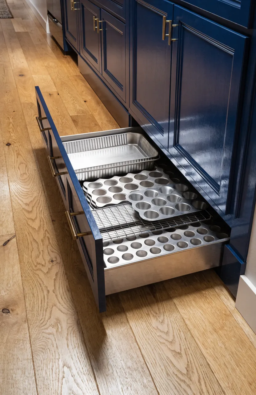 A shallow drawer pulled out from the base of kitchen cabinets, filled with baking sheets.