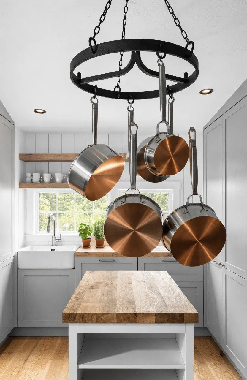A ceiling-mounted black pot rack with copper pans hanging over a butcher block island in a tiny kitchen.