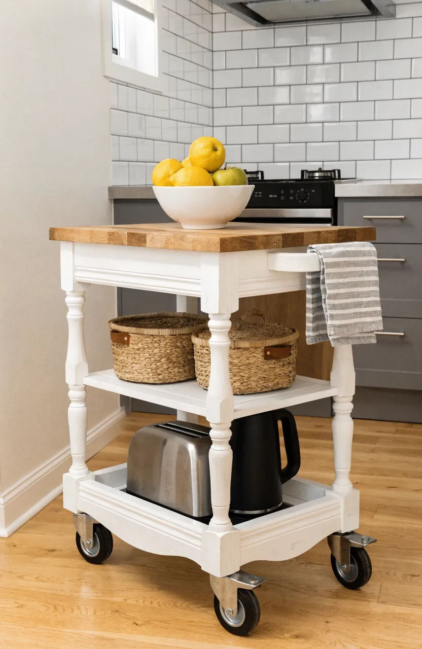A white rolling kitchen cart with a wood top and storage shelves in a bright, compact kitchen.