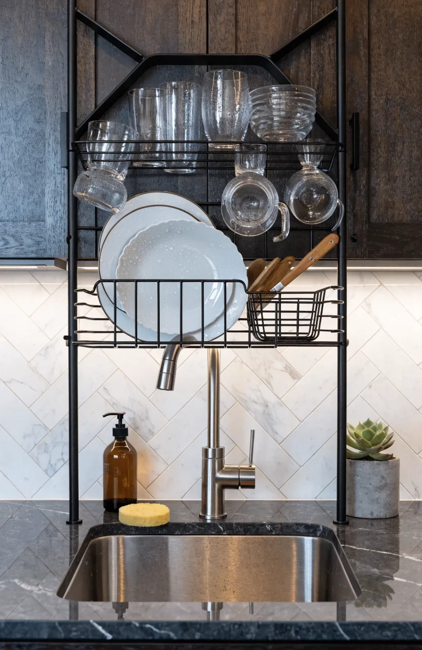 A black multi-tier over-the-sink drying rack holding white dishes in a modern small kitchen.