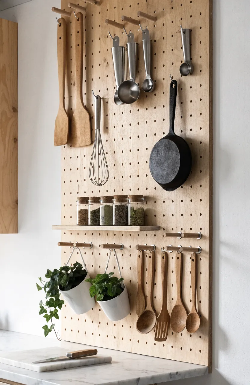 A wooden pegboard wall in a tiny kitchen holding various cooking utensils and small spice jars.