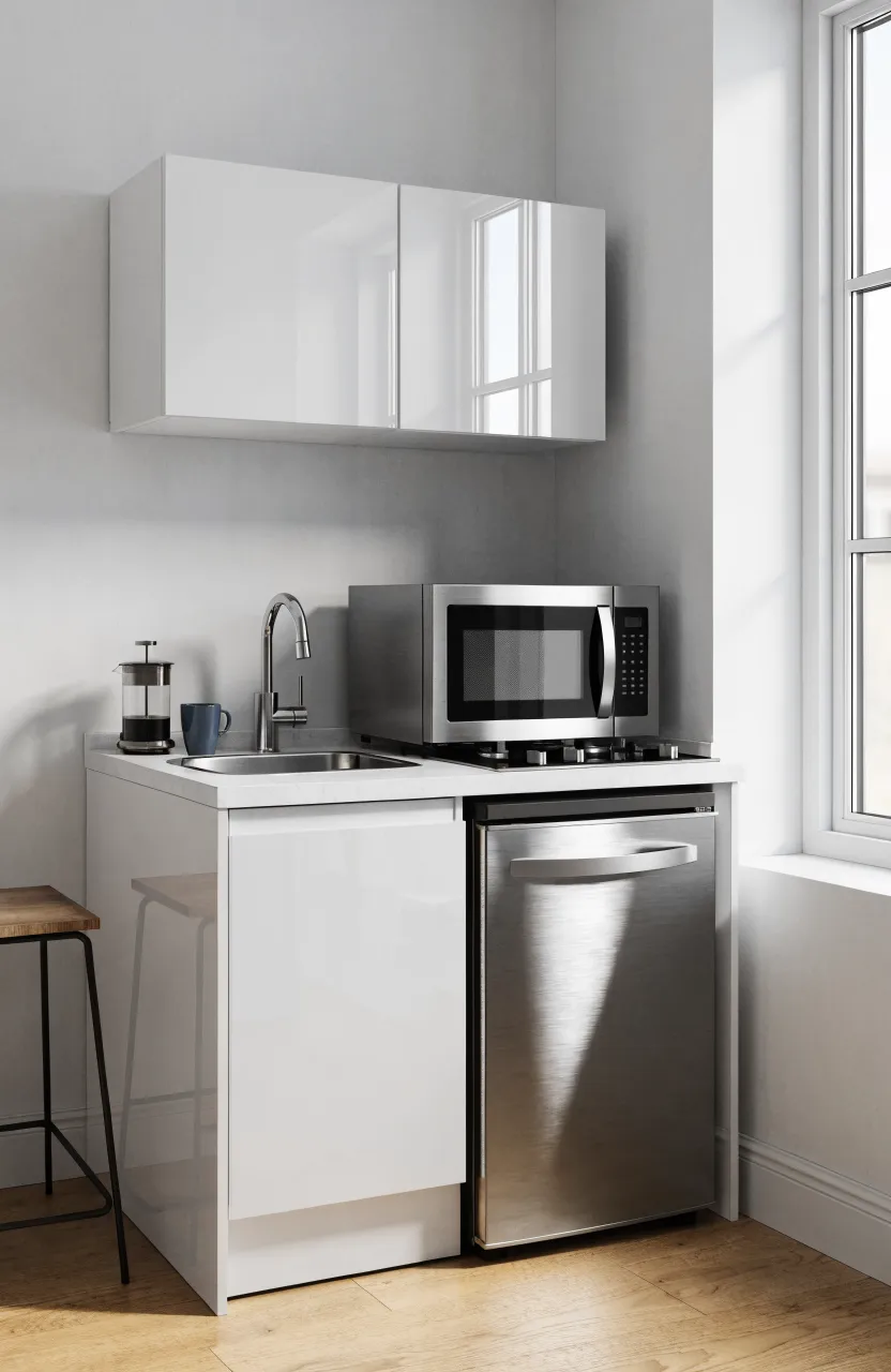 A modern white all-in-one kitchenette with a sink, stove, and fridge in a small studio space.