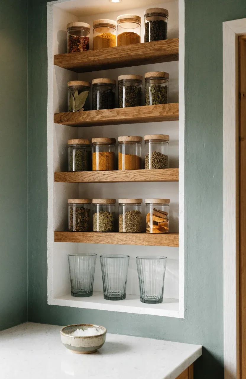 Recessed wooden shelves built into a kitchen wall holding glass spice jars and small glasses.
