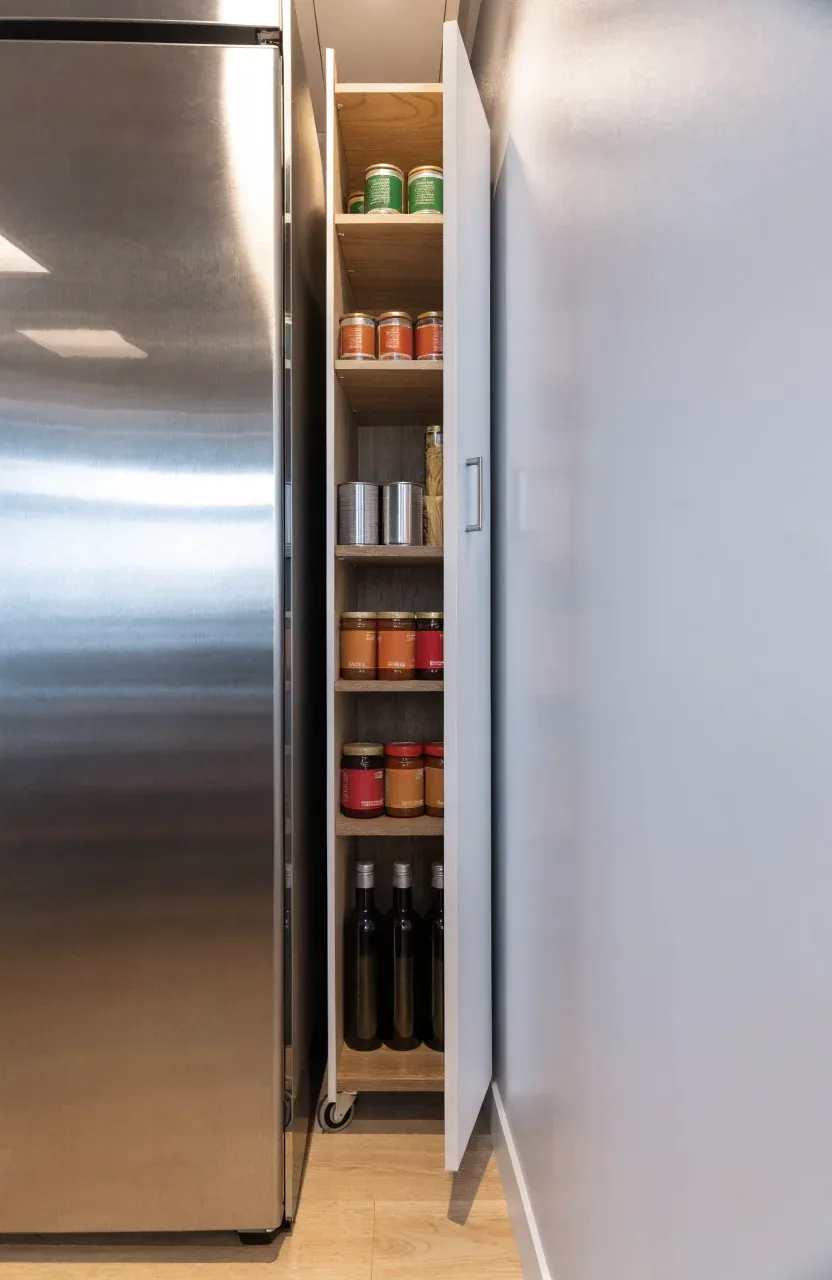 A narrow white slide-out pantry cabinet filled with jars and cans, pulled out from next to a fridge.
