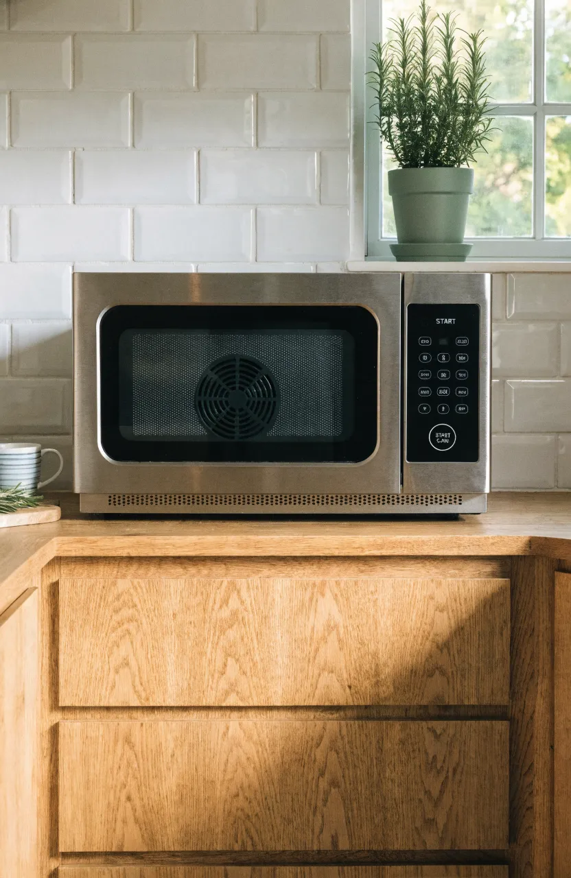 A modern convection microwave on a wood counter in a bright, compact tiny house kitchen.