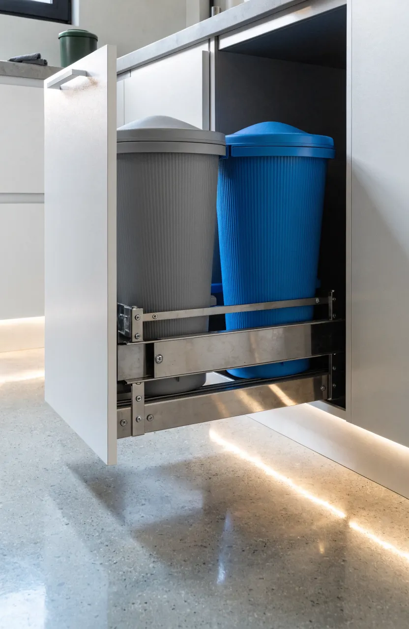 A white kitchen cabinet with a pull-out drawer containing two recycling and trash bins.