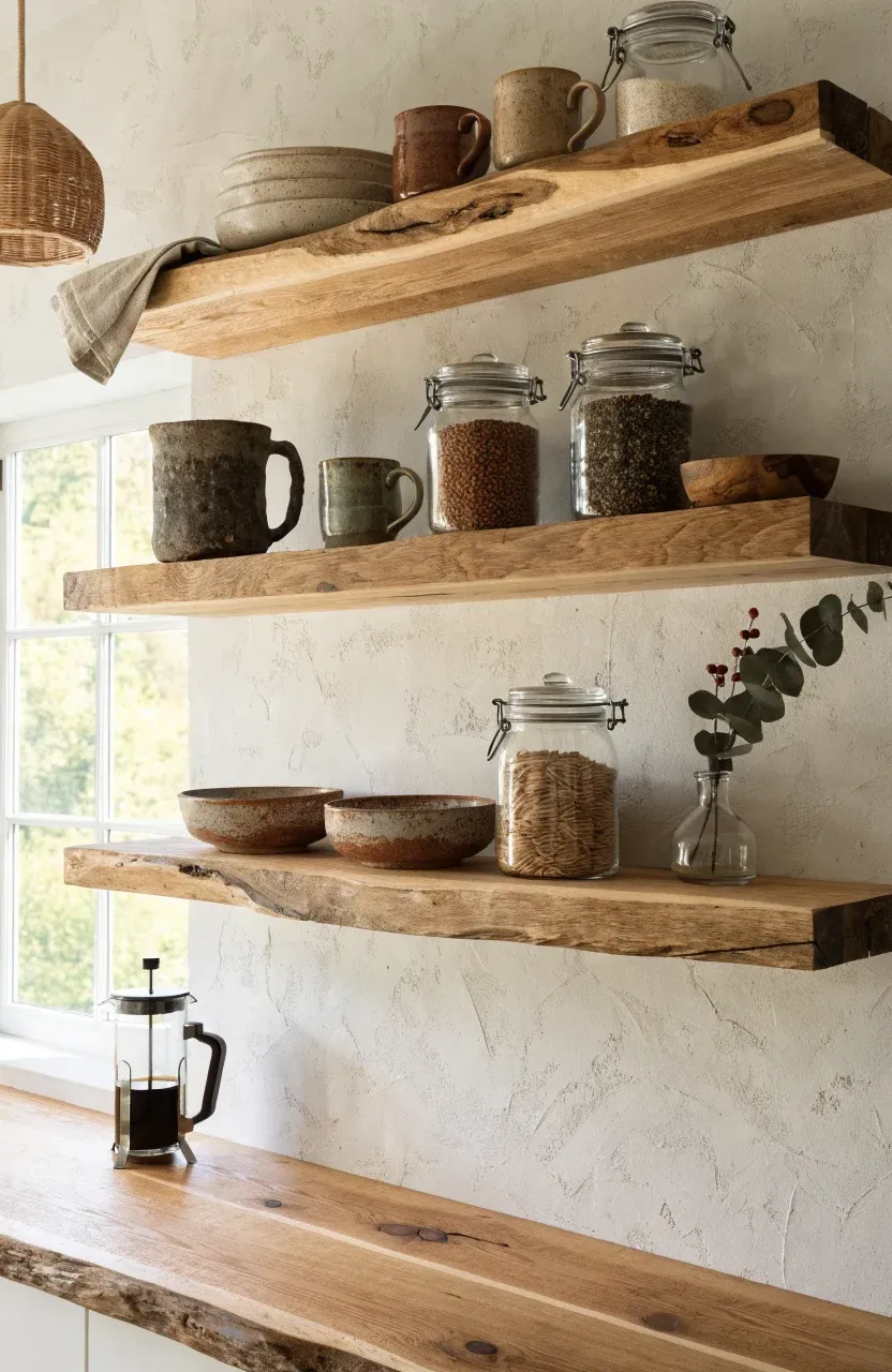 Three wooden floating shelves with neatly arranged ceramic dishes on a white wall.