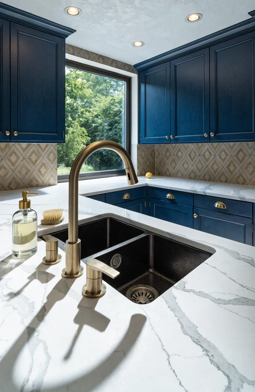 A black corner sink with a gold faucet set in a white marble countertop in a tiny kitchen.