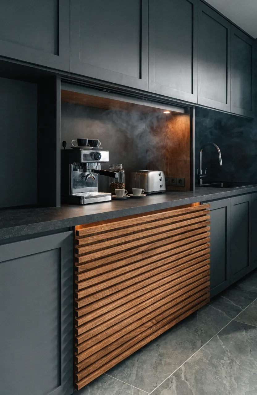 A wooden tambour door cabinet on a kitchen counter hiding a coffee machine and toaster.