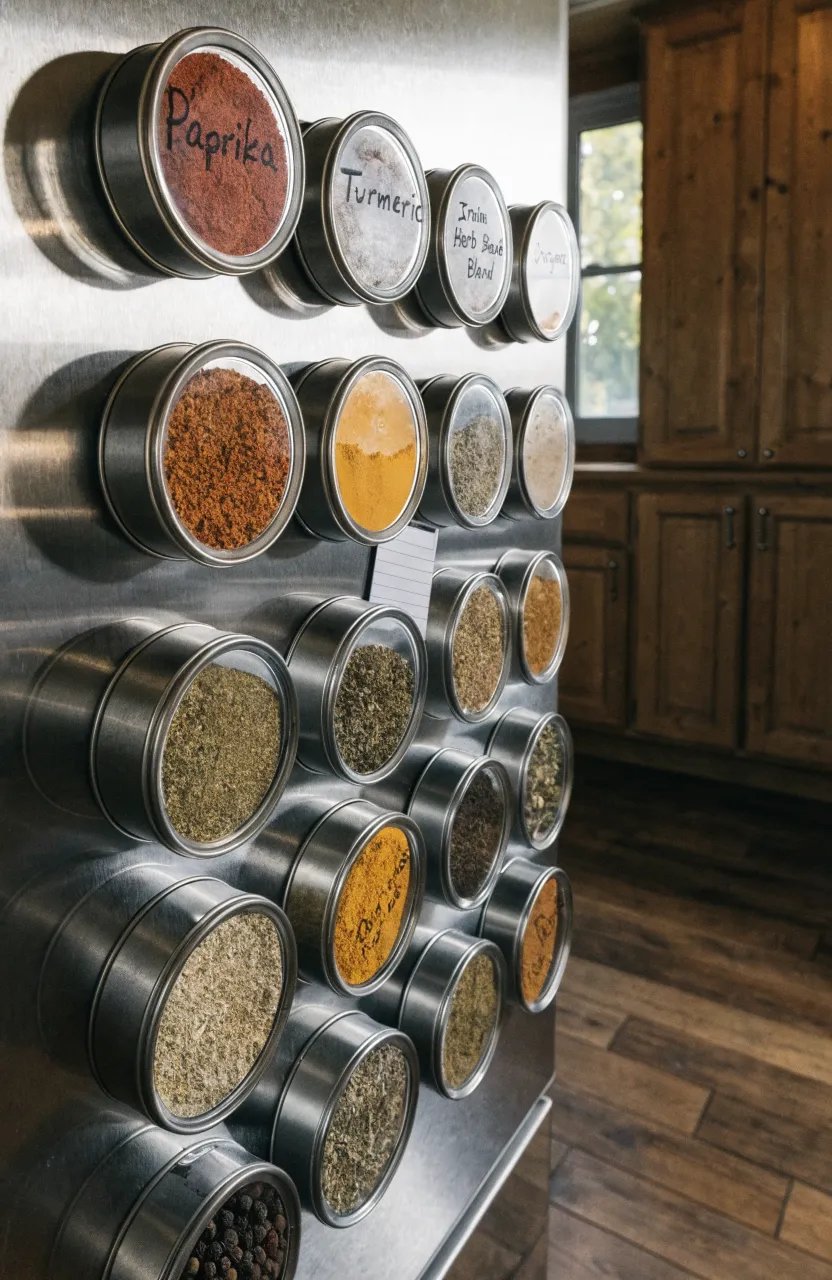 Neatly organized magnetic spice tins with clear lids on the side of a stainless steel refrigerator.