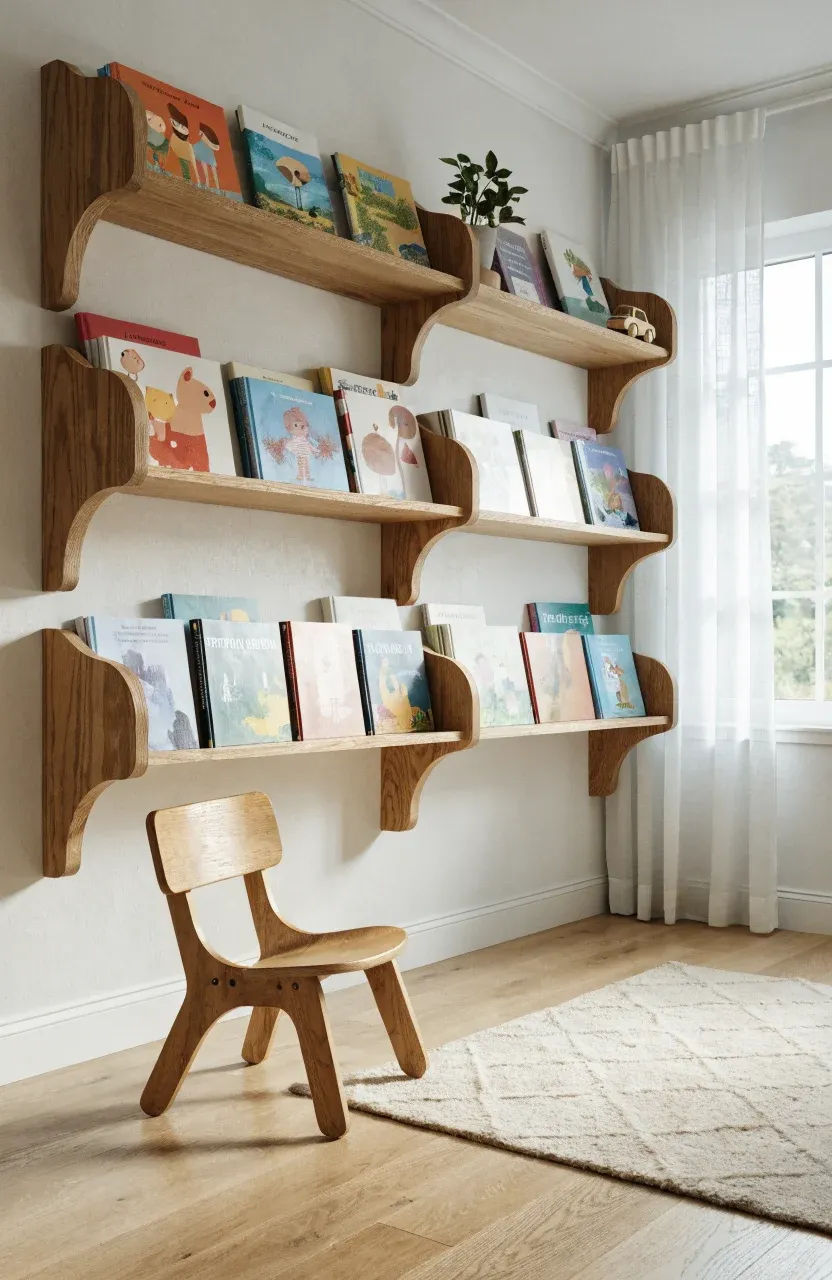 Bright kids room with three wooden floating shelves displaying colorful books at a low height.