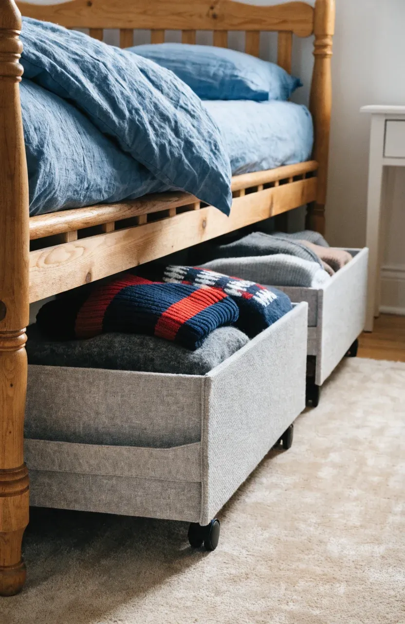 Rolling storage drawers filled with clothes tucked under a natural wood bed frame.